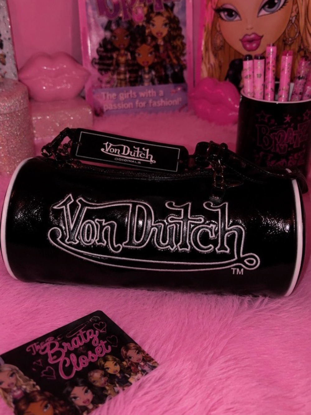 Von Dutch Black Barrel Mini Shoulder Bag with White Trim